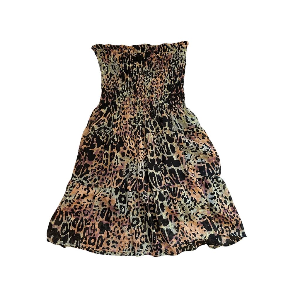 Vintage New Glory Colorful Leopard Print Strapless‎ Mini Dress Shirred Small
